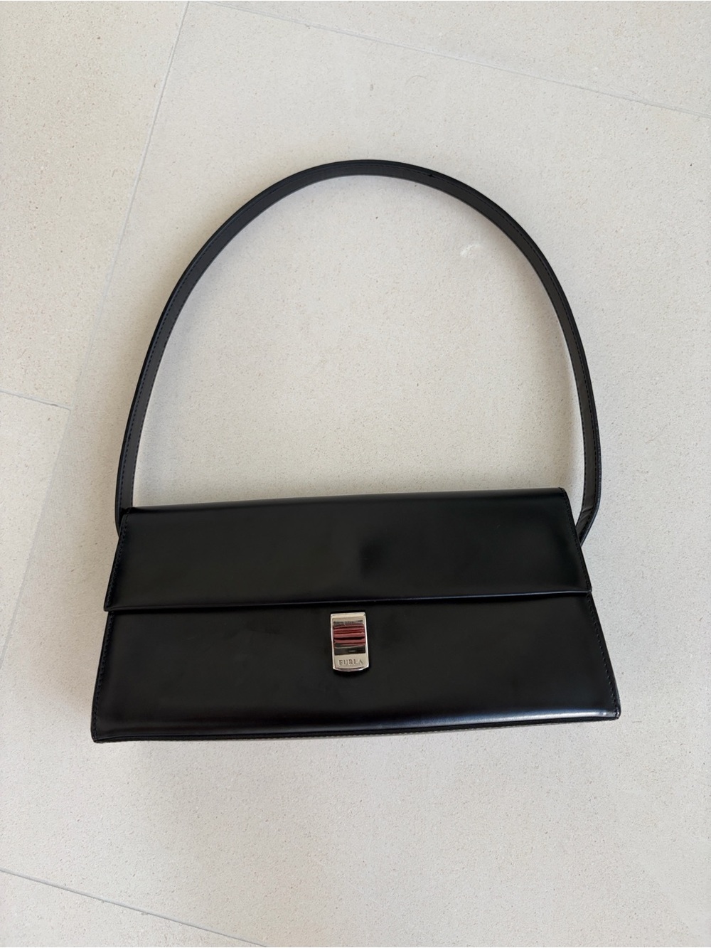 Vintage Furla Black Smooth Leather East-West Shoulder Bag Made in Italy - Picture 2 of 6